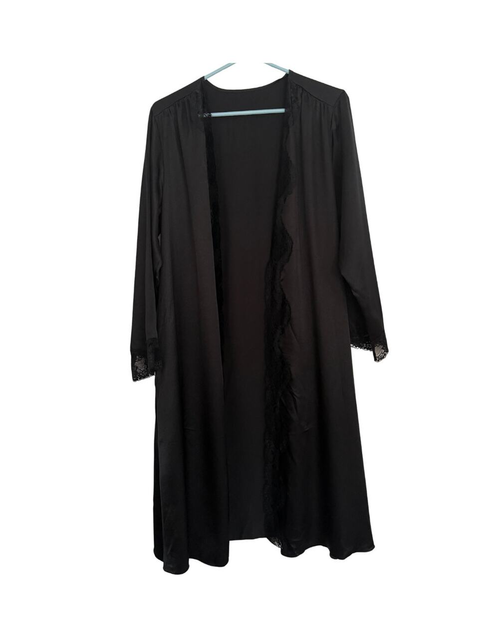Frederick's of Hollywood Black Satin Lace Kimono Robe Midi Medium Est